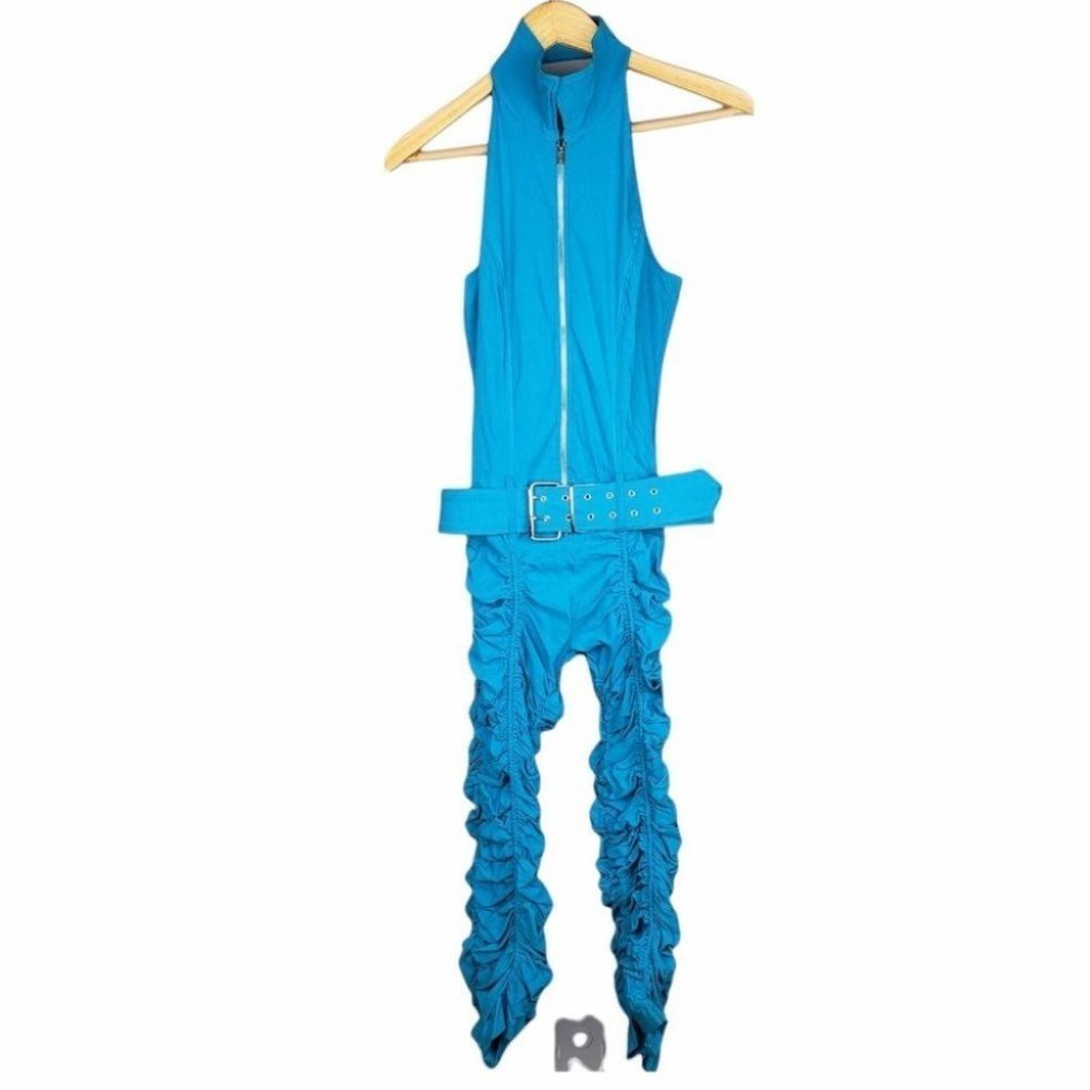 San Julian Womens Blue Halter Neck Sleeveless Ruched One Piece Jumpsuit Size S